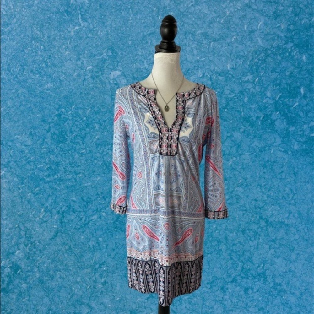 BCBGMaxAzria White and Blue Floral Tunic Dress S